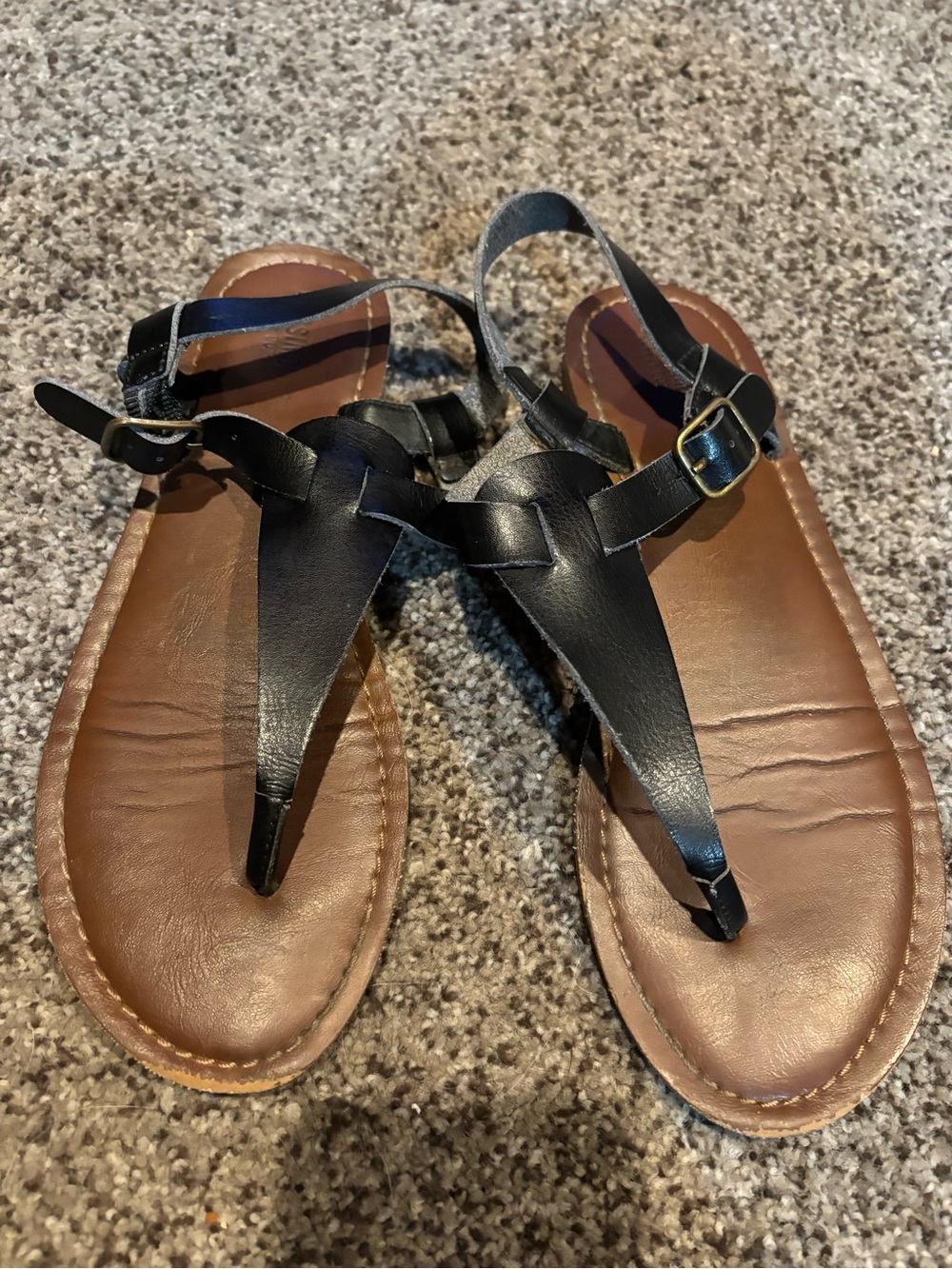 Women’s Black Leather T-Strap Sandals